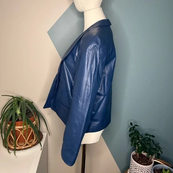 90s Slate Blue Genuine Leather Blazer | Vintage Deep Navy Power Jacket Size 8 - Picture 3 of 11